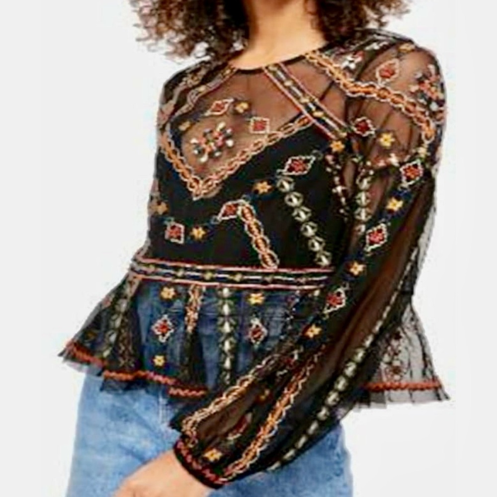 Free People Mesh LS Crop Top Embroidered